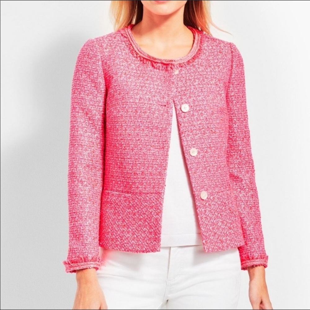 Talbots Pink Tweed Peplum Fringe Blazer Jacket Size 8